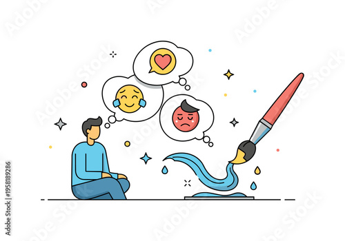 Emotional mindfulness scene showing a person seated quietly with floating thought bubbles containing expressive faces and hearts, tiny decorative stars