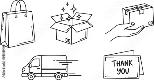 Line art icons depicting shopping, gift, delivery, and thank you card.