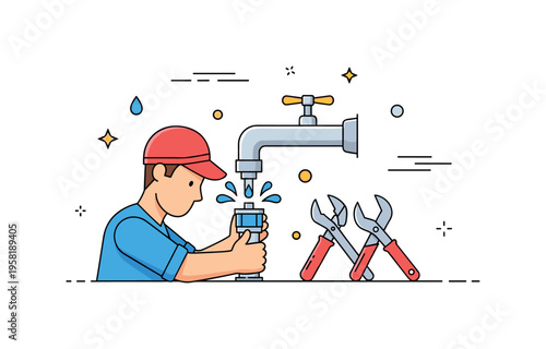 Home maintenance showing a person replacing a faucet with tools laid nearby, subtle motion lines and tiny water droplets suggesting precision, repair, and DIY
