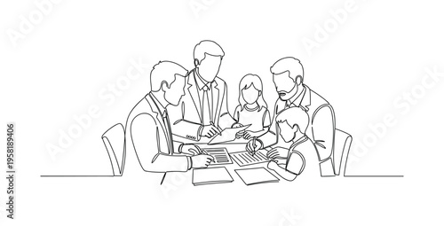 Lawyer Helping Family. Minimalistic one-line drawing lawyer assisting a family with legal forms during outreach program, continuous single black line on white