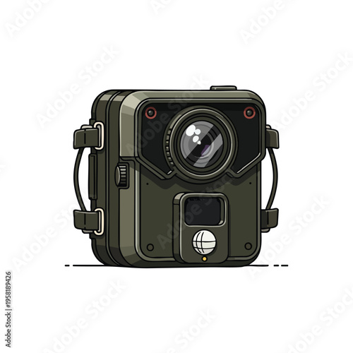 Rugged dark green camera with lens, small screen, and straps