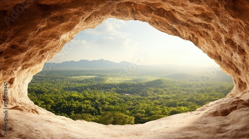 View from cave opening of lush green forest and rolling hills under a bright sky with soft clouds.