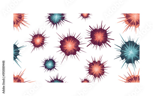 exploding star visuals seamless pattern, repeating pattern, surface design, textile print, modern illustration of radiant supernova bursts, shockwaves, and