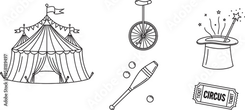 Black and white line art illustrations of various circus elements including a big top tent, unicycle, juggling clubs, magic hat, and ticket.