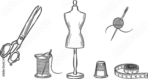 Vintage hand-drawn illustration of various sewing and tailoring tools including scissors, a dress form, thread, and a thimble.