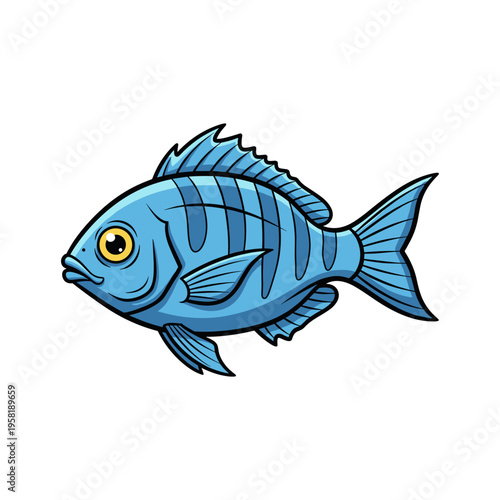 A blue fish with stripes and a yellow eye