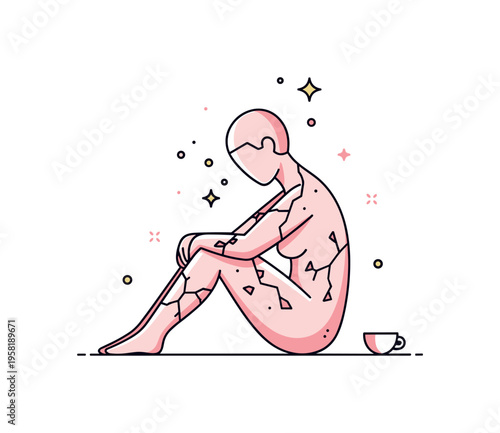 Fragile soul visualized as a seated figure with subtle cracks along the body, tiny floating shards and decorative stars emphasizing vulnerability, reflection,