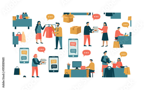 secondhand marketplace seamless pattern, buyers and sellers exchanging items, packages, mobile devices, shopping bags and chat symbols arranged in a repeating