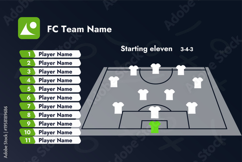 Football Soccer Tactics Infographic Starting Eleven Lineup Template on Dark Background