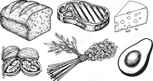 Hand-drawn sketch illustration of various food items including bread, grilled steak, cheese, walnuts, grains, and avocado.