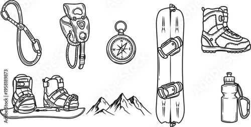 A collection of black and white line art illustrations depicting various winter sports and outdoor adventure equipment including snowboards, boots, backpack, compass, and climbing gear.