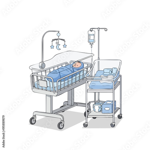 A newborn sleeps peacefully in a medical bassinet next to a medical cart