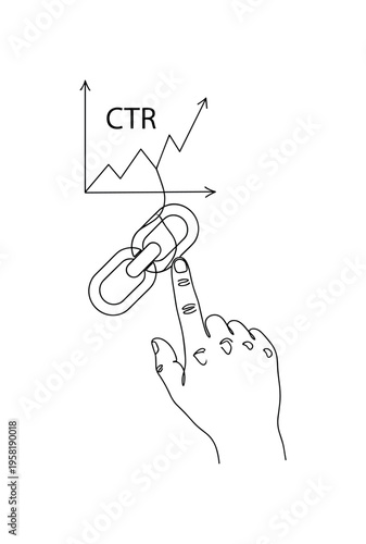 Click-Through Rate Analysis. Minimalistic one-line drawing hand pointing at a link icon with small graph line showing CTR KPI, continuous single black line on