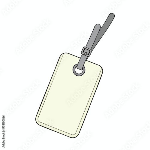 A blank, light yellow rectangular tag with a grey strap and buckle for attachment
