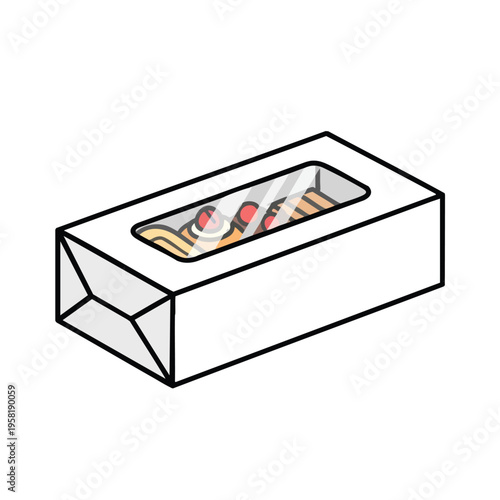 White cardboard box with clear plastic window showing pastries with red berries
