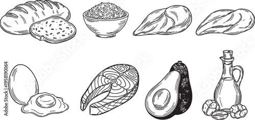 Hand-drawn illustration of various healthy food ingredients including bread, rice, chicken, eggs, salmon, avocado, olive oil, and nuts.