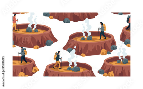 volcanic crater hiking seamless pattern, people with backpacks walking near crater edges with steam vents, rocks, and trekking poles arranged in a repeating