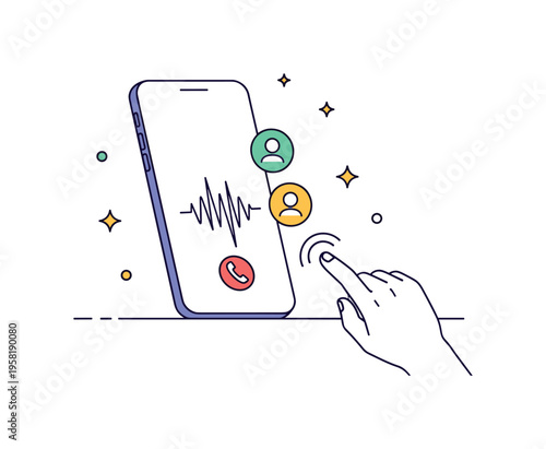 Mobile hands-free call interface showing smartphone screen with sound waves and small floating user icons, tiny stars emphasizing effortless interaction,