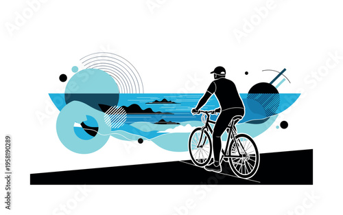 cyclist pausing to admire ocean view abstract circles lines and geometric shapes representing leisure ride black and white retro human figure and bike with
