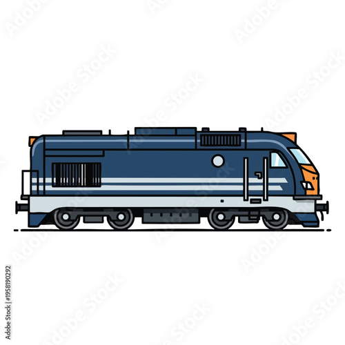 A blue and orange diesel locomotive with white stripes on a white background