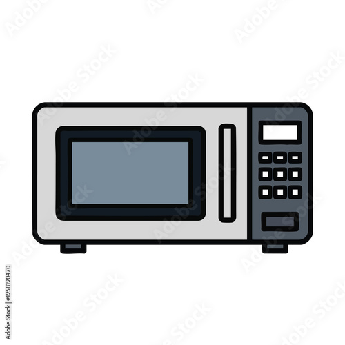 Front view of a grey microwave oven with a blue glass door and control panel