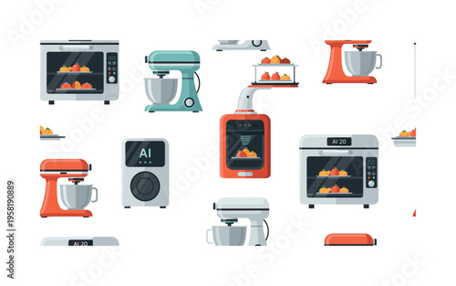 robotic kitchen devices seamless pattern, repeating pattern, surface design, textile print, modern illustration of AI-controlled ovens, mixers, and plating