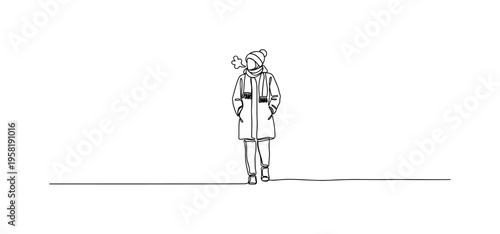 Icy Weather. Minimalistic one-line drawing individual standing on a snowy ground with visible breath and winter coat, continuous single black line on white