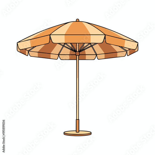 A striped outdoor umbrella, featuring alternating light and dark orange panels, stands isolated