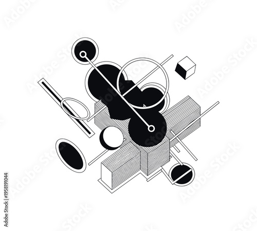 experimental poster design, floating geometric shapes circles lines and abstract blocks forming surreal composition, black and white retro realistic textures
