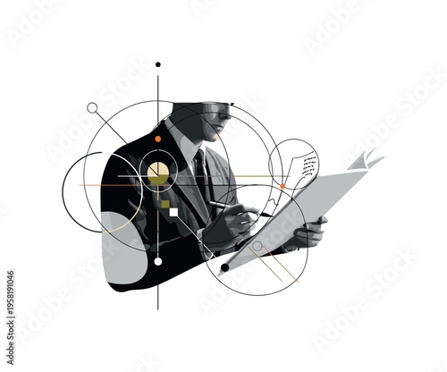 reader annotating in-depth article, geometric circles lines and abstract blocks illustrating engagement and thought, black and white retro realistic figure