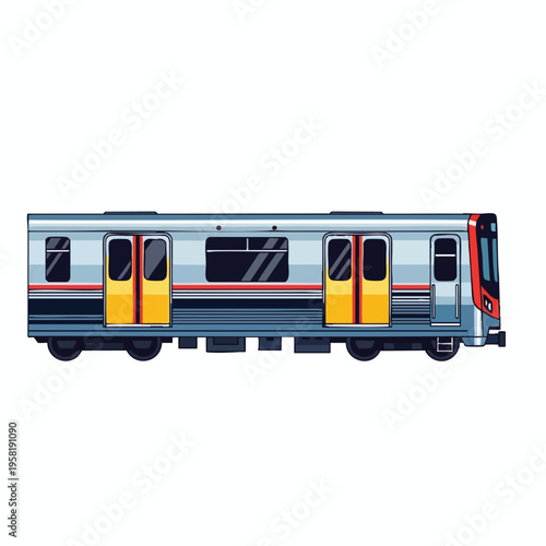 A modern, blue and grey commuter train with yellow doors and red accents