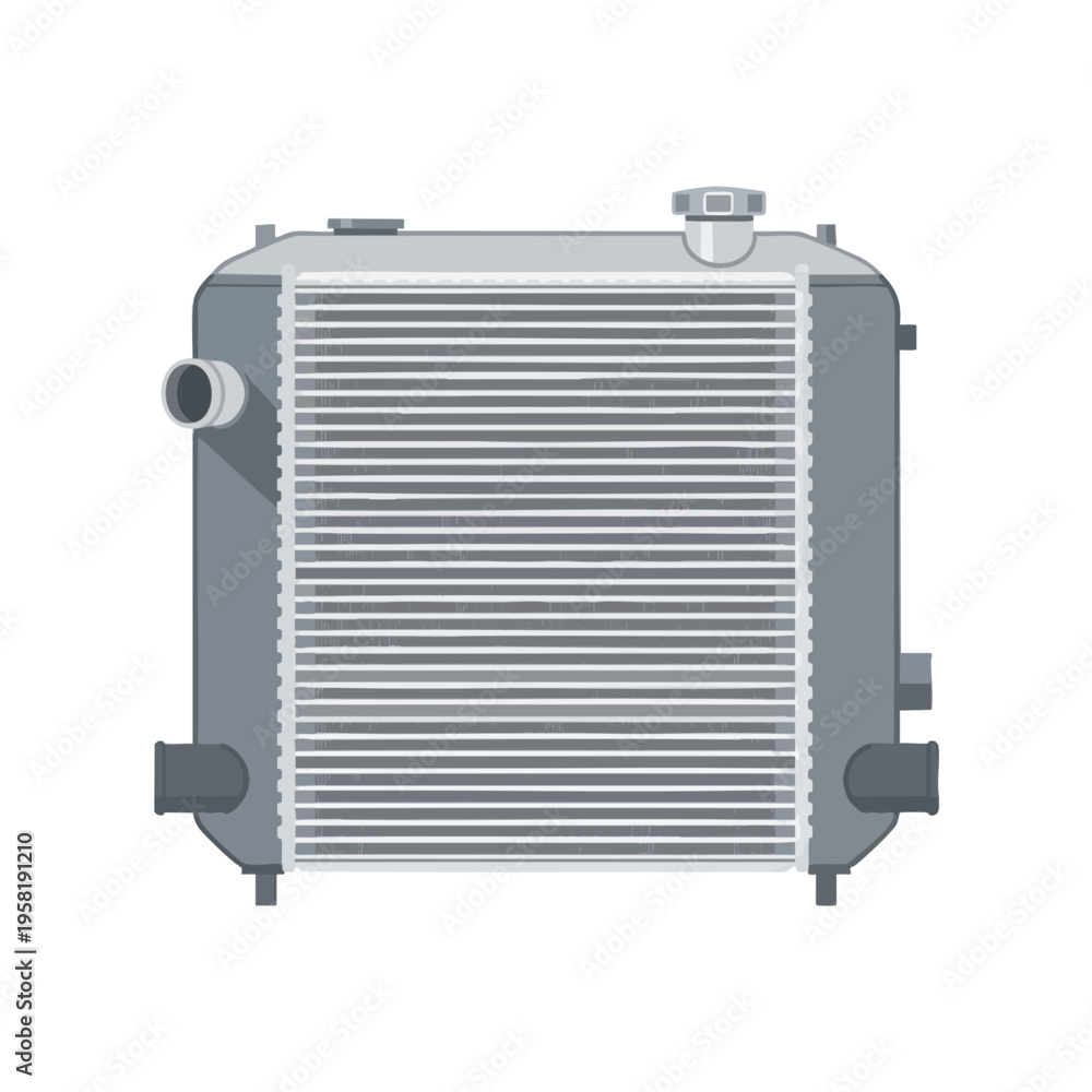 Fototapeta premium Gray heat exchanger with fins, side pipes, and top caps on a white background