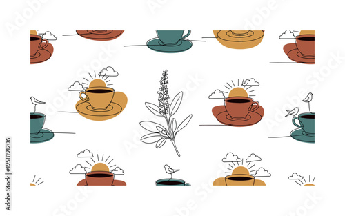 golden hour coffee break seamless pattern, coffee cups sunset suns tiny clouds birds and saucers arranged in a repeating pattern, white background with warm