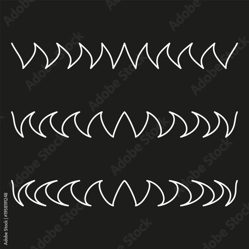 Geometric wave set Vector. Abstract white zig zag. Sharp crest pattern. Dark black background style. Manual vector only. No autotrace used.