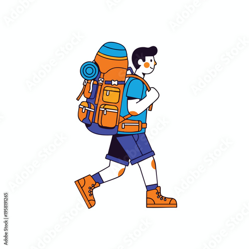 A cartoon person walks with a large backpack, wearing shorts and boots