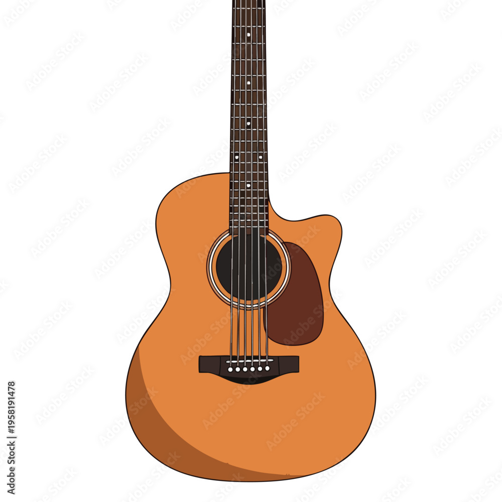 Fototapeta premium Acoustic guitar with six steel strings, wooden body, and cutaway