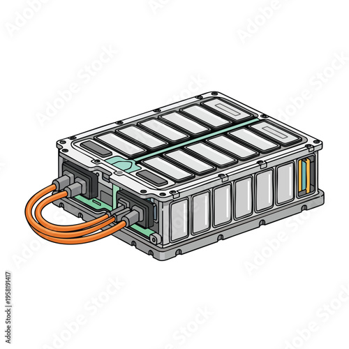 Rectangular metal housing containing multiple battery cells, with orange cables