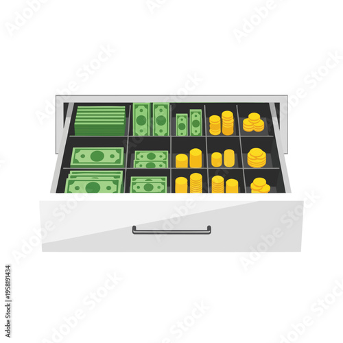 Open cash drawer filled with stacks of green bills and gold coins