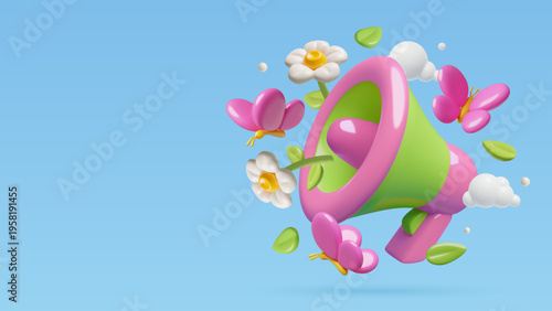 3d megaphone with flowers and butterflies. Spring and summer event announcement concept background. Vector illustration.