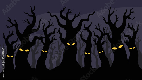 Night forest silhouette with supernatural golden eyes - Suitable for cards.