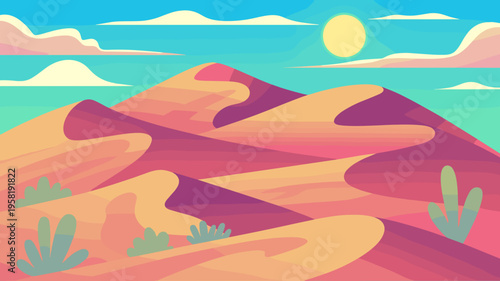 Vibrant desert dunes with cacti vector – Great for nature documentaries, minimalist posters, or environmental themes.