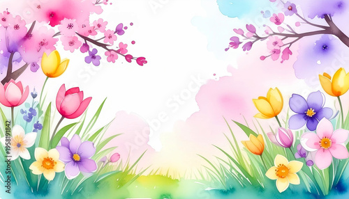 Spring flower watercolor banner, green grass accents, delicate design for invitations and greeting cards