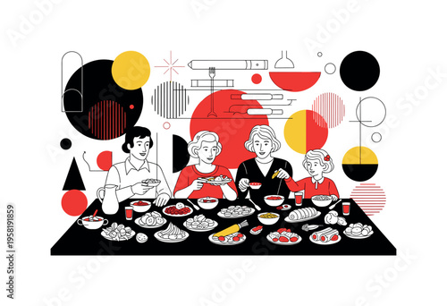 family sharing festive table with dishes abstract circles lines and geometric shapes representing communal culinary heritage black and white retro human