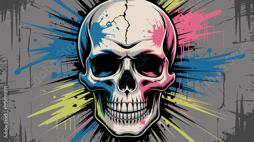 Distressed vector skull with neon splatters – Suitable for underground music events, rebellious fashion, or urban art themes.