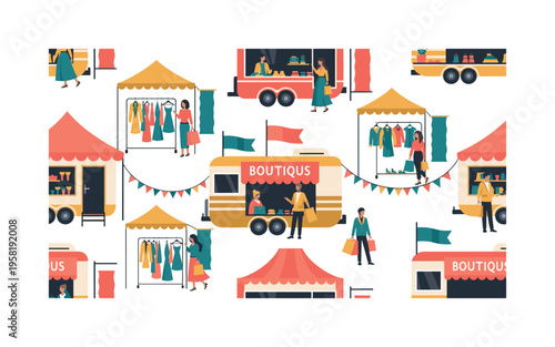 mobile boutique stores seamless pattern, pop-up shops, customers browsing racks, shopping bags, banners and tents arranged in a repeating pattern, white