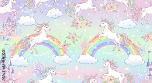 a colorful unicorn wallpaper with rainbows and clouds and castles whimsical design rainbow backgroun