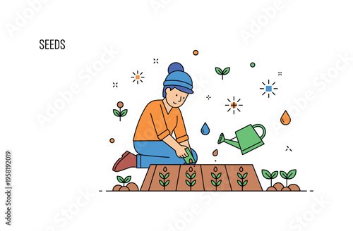 Seeds gardener planting seeds in neat rows in a garden bed with a small watering can representing cultivation, growth, and sustainable practices. Decorative