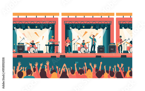 concert crowd and stage seamless pattern, live performers, instruments, microphones, spotlights and audience cheering arranged in a repeating pattern, white