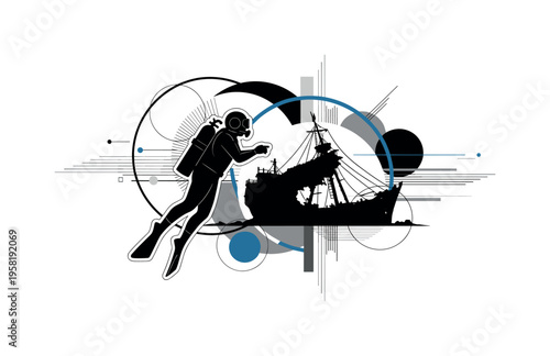diver observing shipwreck abstract circles lines and geometric shapes representing historical underwater exploration black and white retro human silhouette and