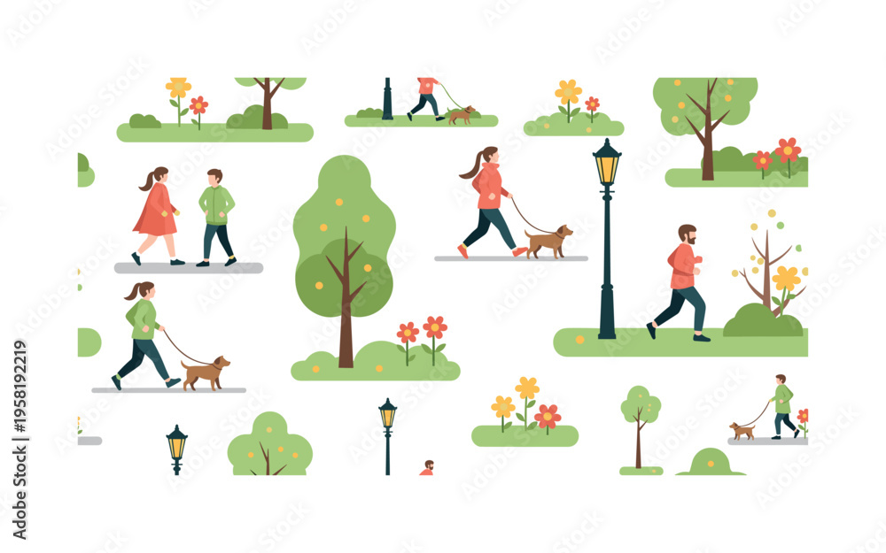 Fototapeta premium Morning walk in city park seamless pattern, joggers walkers dogs trees flowers and park lamps arranged in a repeating pattern, white background with fresh